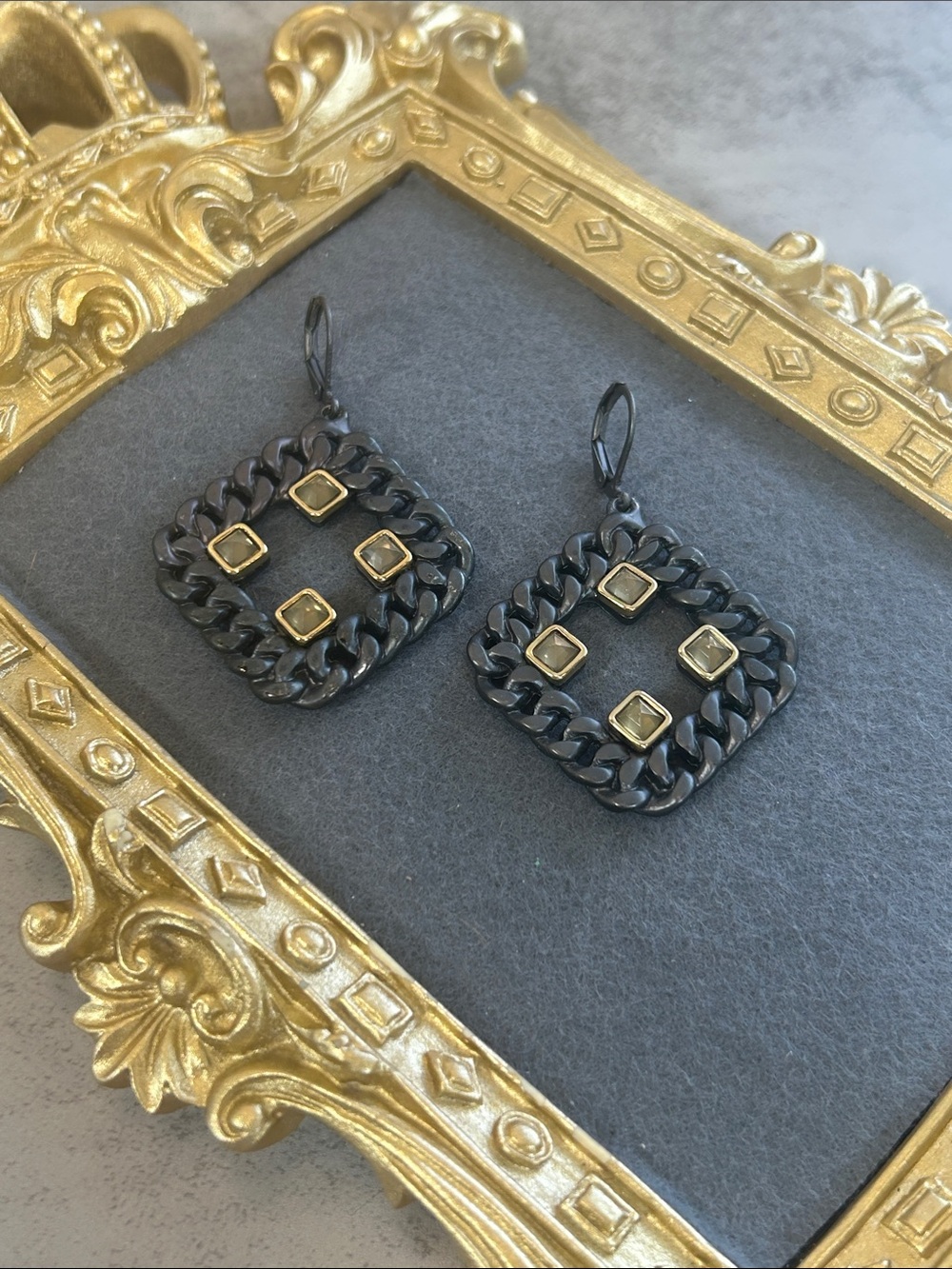 Chain-Link Square Drop Earrings with Gold Accents - Black